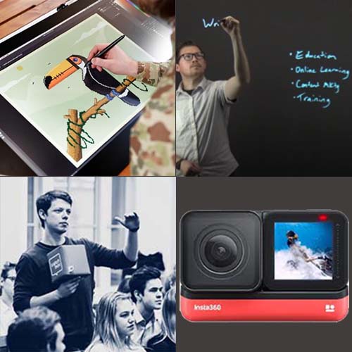 Illustrator drawing on tablet, person using lightboard, person using catchbox, and a 360 camera
