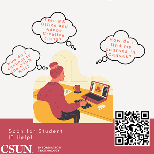 Student at computer wondering how to access technology resources with a QR code link to Instagram account
