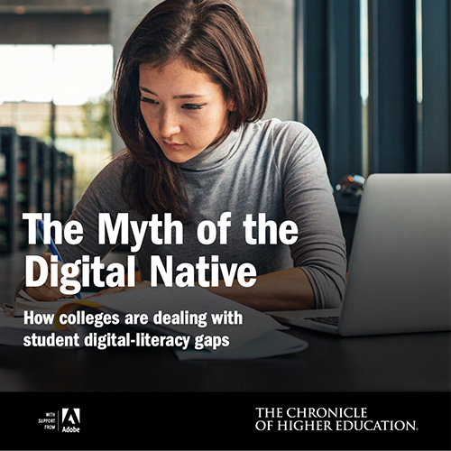 female student of color with a laptop with headline The Myth of the Digital Native How college are dealing with student digital literacy gaps