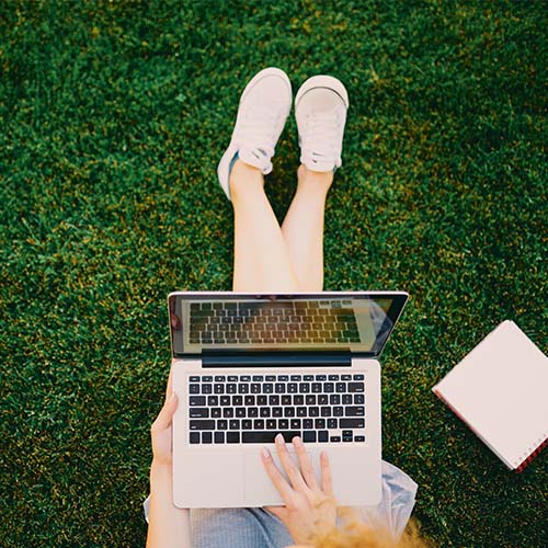 a person in a field working on their laptop