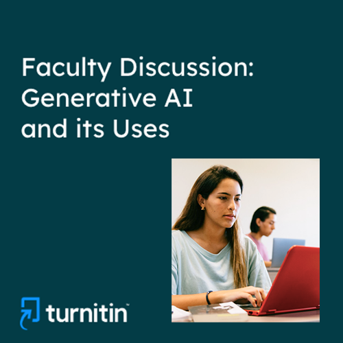 Faculty discussion generative AI and its uses with turnitin logo and a person working on their laptop