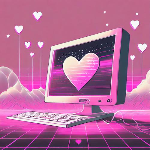 a computer with a heart on the screen in a digital landscape with other hearts