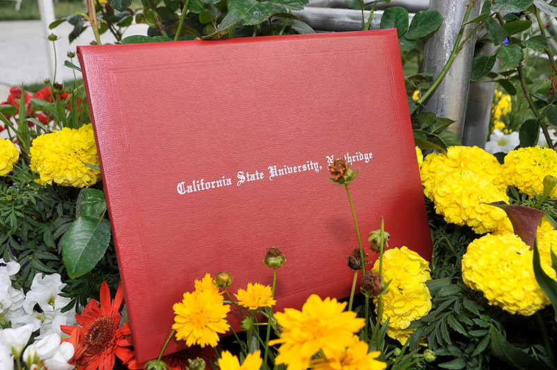 CSUN Diploma in cover surrounded by flowers.