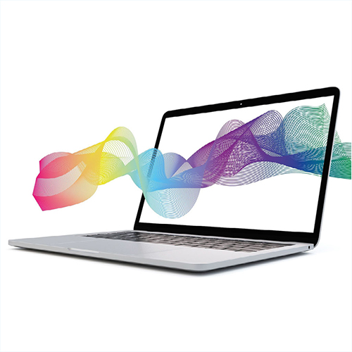 laptop against white background with waves of color coming out of the screen