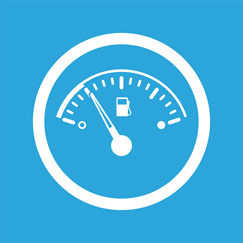 icon of fuel gauge showing quarter tank left against blue background